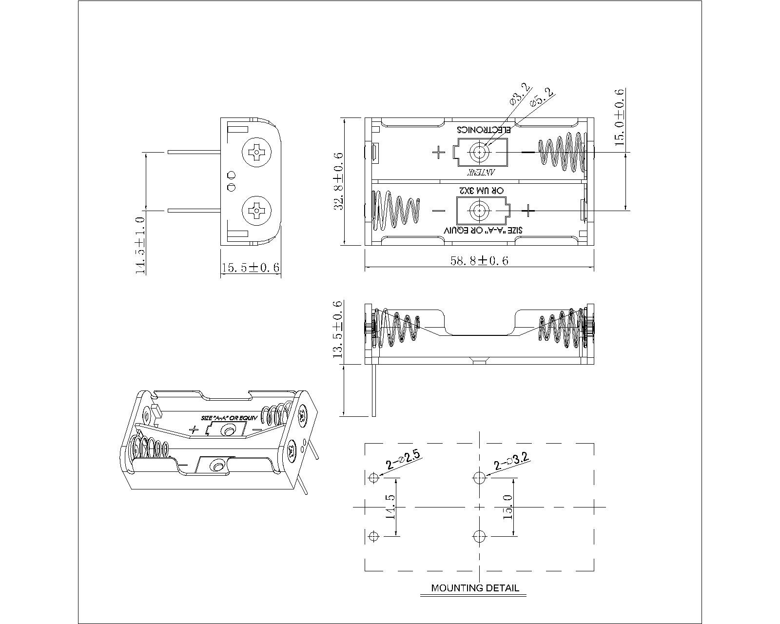 2 PIECES AA Battery Holders WITH PINS BBC-5-2-A-P-2 2 PIECES AA Battery Holders WITH PINS BBC-5-2-A-P-2