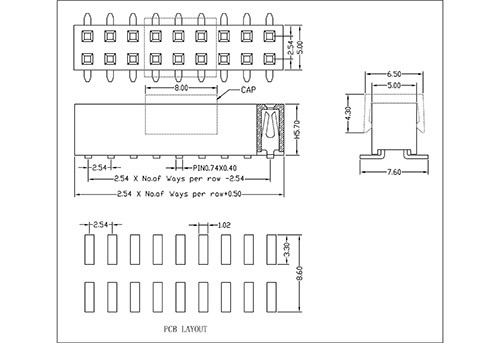 2.54 mm Female Header Dual Row SMT Type H5.7  FHEM11-XXDXXX
